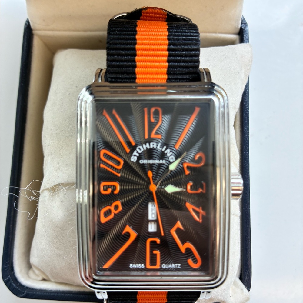 Stuhrling Original Silver Watch Case with Black and Orange Strap